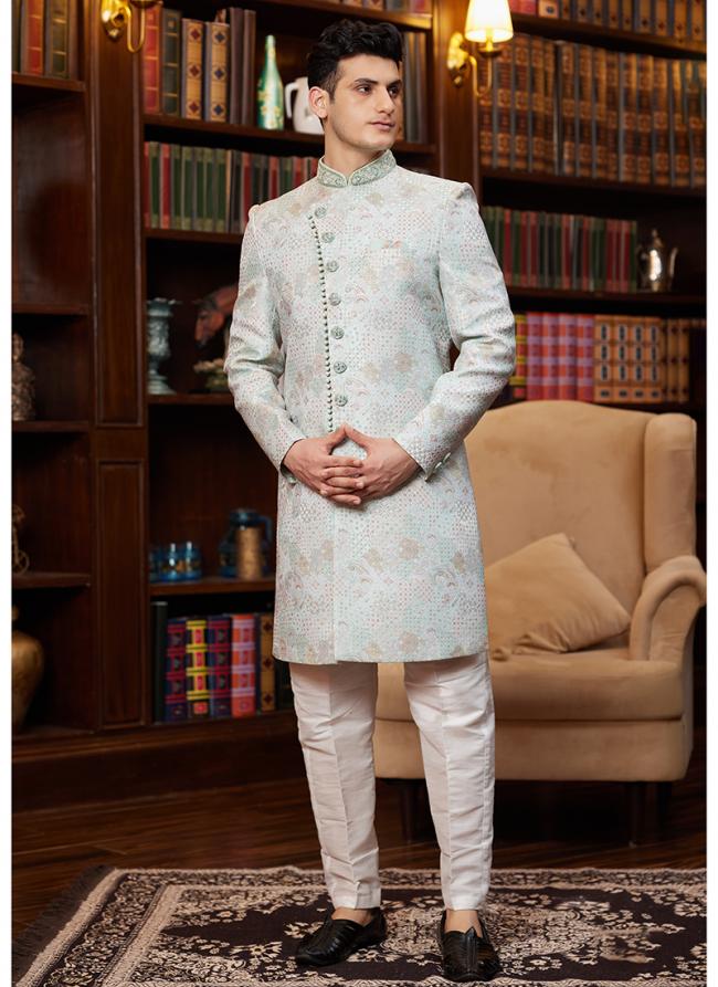 Jacquard Silk Light Sky Blue Wedding Wear Hand Work Readymade Sherwani